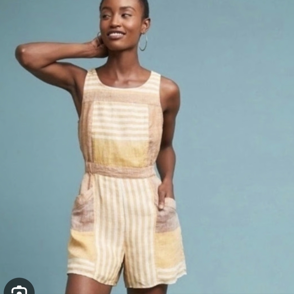 Anthropologie Ett:Twa Wesley 100% Linen Romper Yellow Striped Stripes Size 0